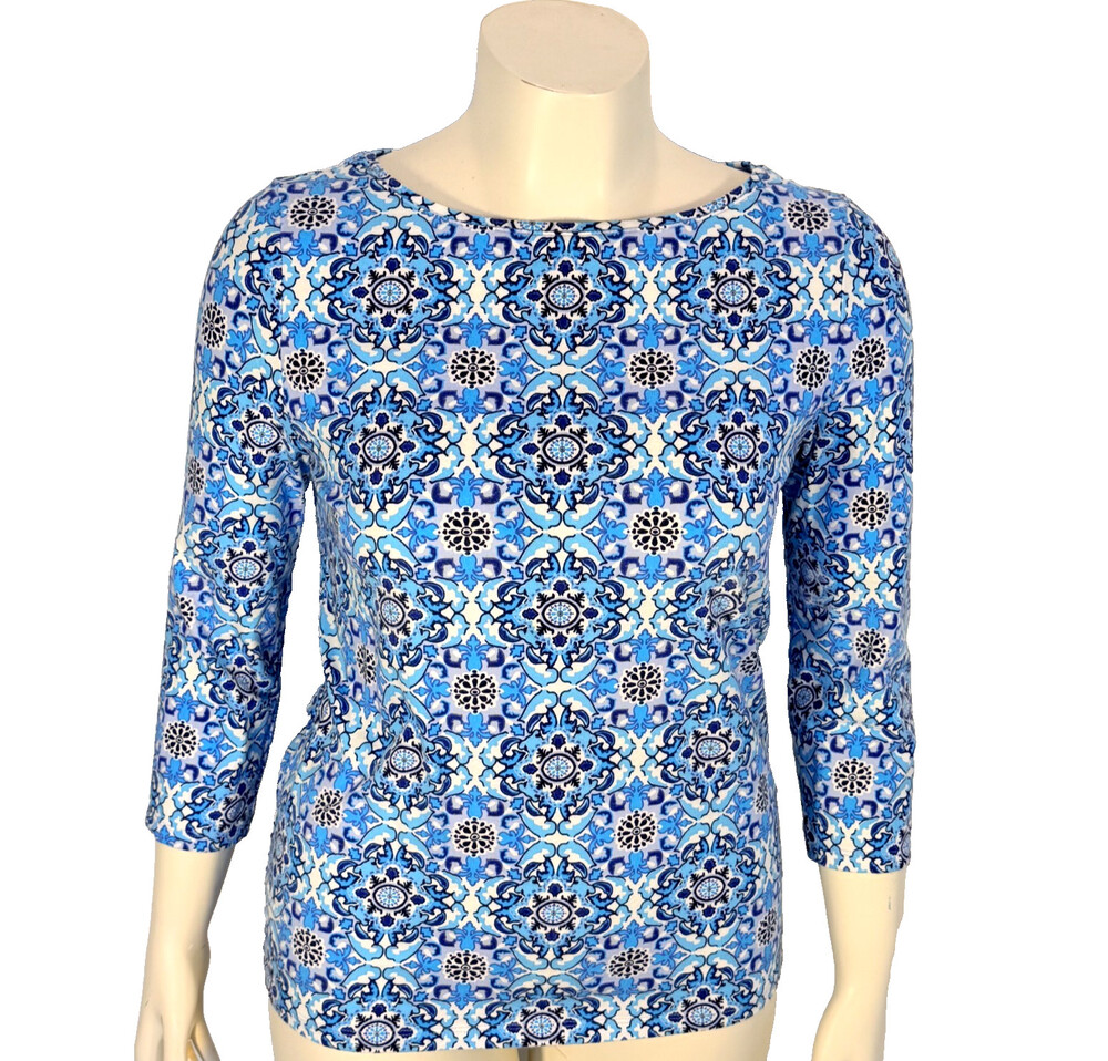 Talbots Long Sleeve Tee Shirt Women's L Blue Greek Tile Boat Neck 3/4 Sleeve